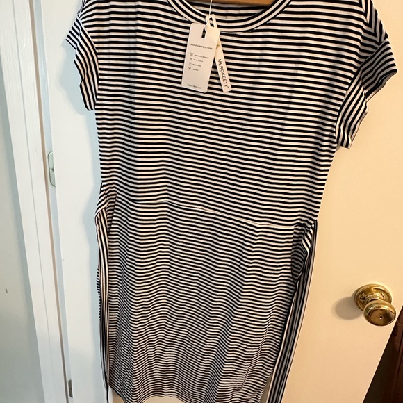 Merokeety T-shirt Dress w/pockets/wrap belt-Stripes midi length women’s NWT blue - Picture 6 of 8